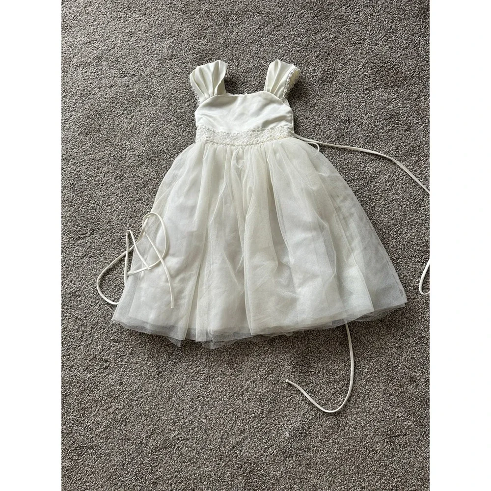 Kids Dream Ivory Satin Tulle Flower Girl Dress Pearl Floral Waist Style 222